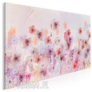 obraz na płótnie - kwiaty łąka ptak różowy - 120x80 cm