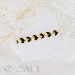 Bransoletka geometryczna, szyta, wzory, czarny krem złoty, regulowana, pomysł na prezent