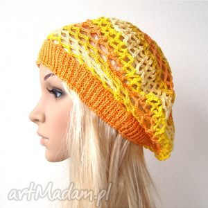 wiosenny ażurowy beret pomarańczowo - żółty, lekki