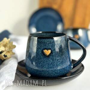 duża filiżanka / kubek beczułka granatowy ręcznie robiony ze spodkiem 320 ml
