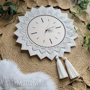 duży zegar ścienny boho, makrama minimalistyczna, chwosty prezent na rocznicę