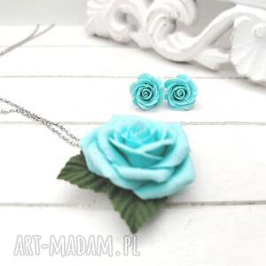 komplet róże sztyfty i zawieszka miętowo - turkusowe handmade masa polimerowa stal