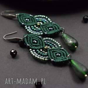kameleon kolczyki w odcieniach butelkowej zieleni i srebra z zieloną kroplą