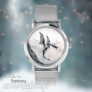 zegarek, bransoletka - czarny smok fantasy dragon, prezent