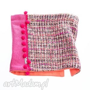 ciepły wygodny dzianinowy komin szalik pink tweed, pompony, dresowe
