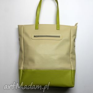shopper bag - jasny beż i dodatki limonka, elegancka, nowoczesna, prezent