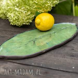 handmade ceramika duży talerz ceramiczny w kształcie zielonego liścia, zielona patera