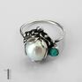perłowo turkusowy i srebrny pierścionek baśniowy