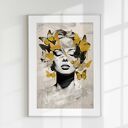 Plakat Kobieta i Motyle 50x70 cm - musztardowe motyle na satynowym papierze