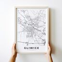 Plakat mapa Gliwice A4 Hogstudio - czarno-biała grafika miasta do Twojego wnętrza