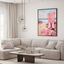 Różowy plakat w stylu boho girl - coastal girl - plakat różowe buty kowbojki i plaża - 40x53 cm