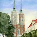 Plakat Wrocław, Katedra św. Jana Chrzciciela, Ostrów Tumski, akwarelowy