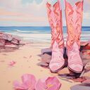 Różowy plakat w stylu boho girl - coastal girl - plakat różowe buty kowbojki i plaża - 40x53 cm