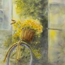 Rower z żółtymi kwiatami - akwarelowy plakat 30x40 cm