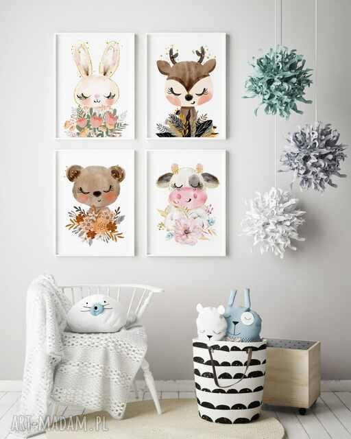 Zestaw 4 plakatów dla dzieci - misio sarenka królik krówka - format 30x40 cm