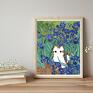 biało rudy kot w Irysach Gogh'a 40x50 cm - śmieszny plakat z kotem