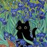 Zabawny plakat idealny na prezent dla miłośników kotów! Irysy Van Gogha z czarnym kotem