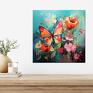 Turkusowy z i kwiatami - wydruk artystyczny 50x50 cm - plakat z obraz kolorowa abstrakcja