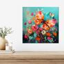 z turkusowy z kwiatami i motylem - wydruk artystyczny 50x50cm - kolorowy obraz kwiaty i motyl kwadratowy