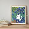 niebieskie plakaty plakat biały kot w irysach van gogh'a 40x50 - śmieszny z białym kotem