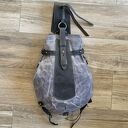 handmade szary plecak „bukłak” ze skóry i bawełny woskowanej vintage