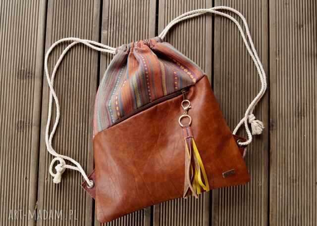 Plecak SUMMER VIBE skóra naturalna tkanina brązy żółty