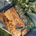 Deska z drewna oliwnego - zielona żywica i paproć, len, kocanki | rękodzieło