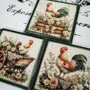 Dekoracyjne podkładki z kogutami w stylu vintage - komplet 3 szt. (10x10 cm)