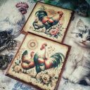 Dekoracyjne podkładki decoupage z kogutami vintage - komplet 2 szt.