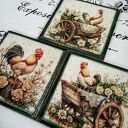 Dekoracyjne podkładki decoupage z kogutami farmhouse - komplet 3 sztuk (10x10 cm)