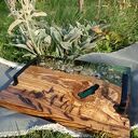 Deska z drewna oliwnego - zielona żywica i paproć, len, kocanki | rękodzieło