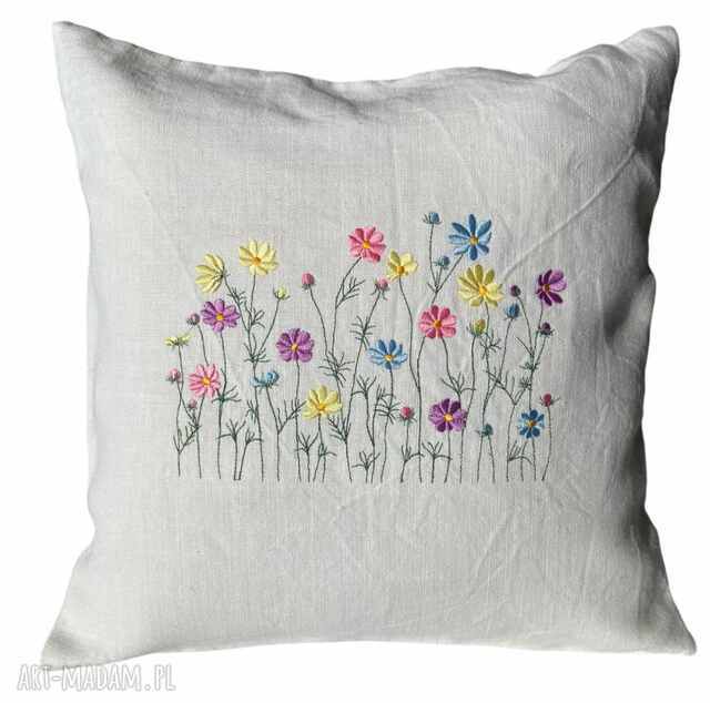 PODUSZKA LNIANA 40x40 cm z HAFTEM ŁĄKA WKŁAD GRATIS