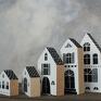 Komplet 5 szt domków, ręcznie malowanych jednostronnie, z drugiej strony pomalowane na jednolity kolor. Wymiary: drewniane domki