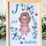 fioletowe pokoik dziecka pokój dziewczynki plakat a4 - literka i imię plus zwierzątko - jeżyk - wydruk