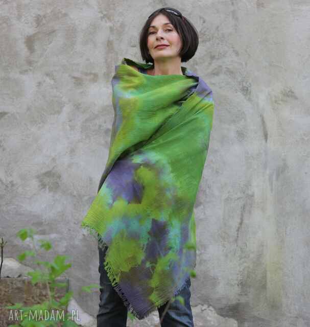 Unikatowy bawełniany szal zielono fioletowy