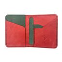 handmade zielono czerwony portfel ręcznie uszyty ze skóry garbowanej roślinnie