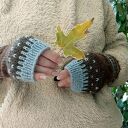 Wełniane mitenki, rękawiczki bez palców, brązowo-niebieskie