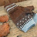 Wełniane mitenki, rękawiczki bez palców, brązowo-niebieskie