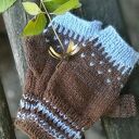 Wełniane mitenki, rękawiczki bez palców, brązowo-niebieskie