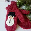 Bordowe rękawiczki jednopalczaste z bałwankiem - ciepłe na zimę, handmade