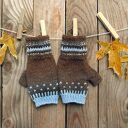 Wełniane mitenki, rękawiczki bez palców, brązowo-niebieskie