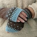 Wełniane mitenki, rękawiczki bez palców, brązowo - niebieskie