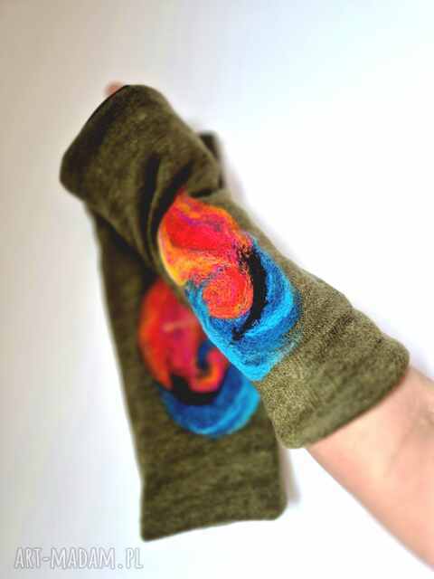 mitenki w kolorze zielonym filcowane wełna merynosów - na podszewce, ciepłe i miłe box L1