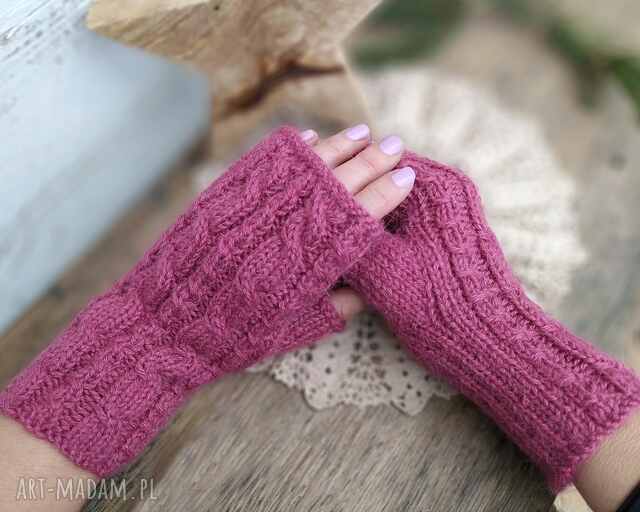 Mitenki z Alpaki, rękawiczki bez palców - Malinowe