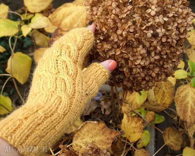 Mitenki z Alpaki, rękawiczki bez palców - Miodowe