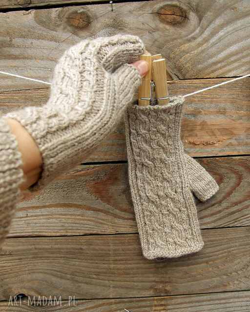 Mitenki wełniane, beżowe, rękawiczki bez palców