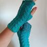 turkusowe ciepłe i bardzo lekkie rękawiczki - wykonane mitenki na drutach