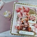 Kartka na roczek dla dziewczynki z misiem, personalizacja