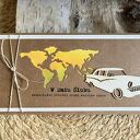 Kartka ślubna handmade do koperty z samochodem retro i tagiem-biletem