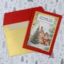 Kartka świąteczna czerwono - złota z kieszonką i grafiką z zimowym